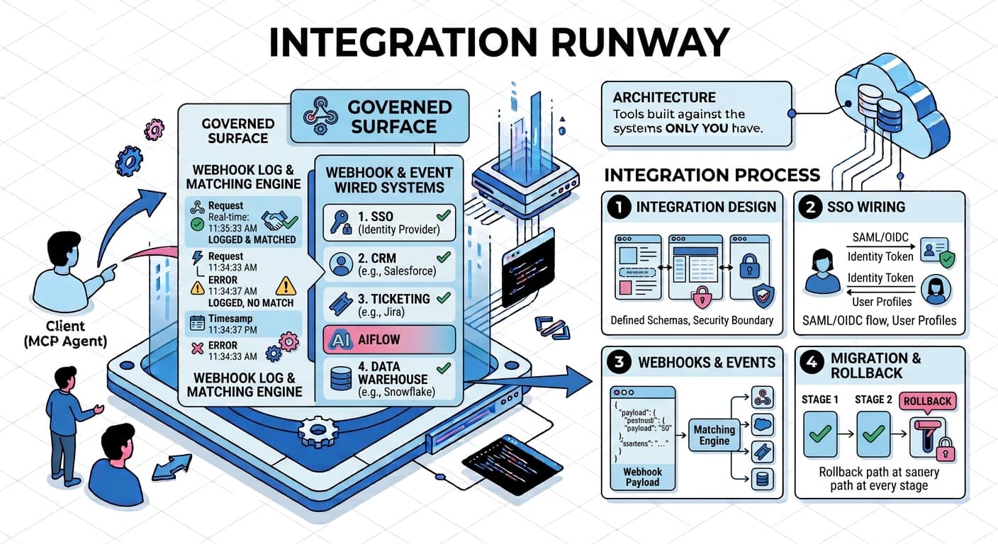 Integration Runway engagement diagram: integration design, SSO wiring, webhook and event matching, and a migration plan with rollback