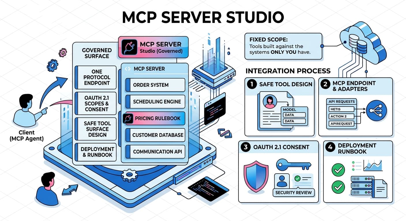 MCP Server Studio engagement diagram: safe tool design, MCP endpoints and adapters, OAuth 2.1 consent, and a deployment runbook