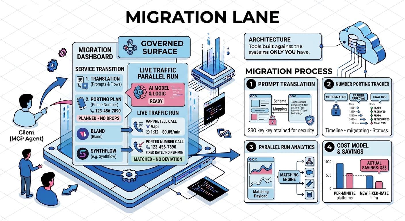 Migration Lane engagement diagram: prompt translation, number porting, a live parallel run, and the resulting cost model