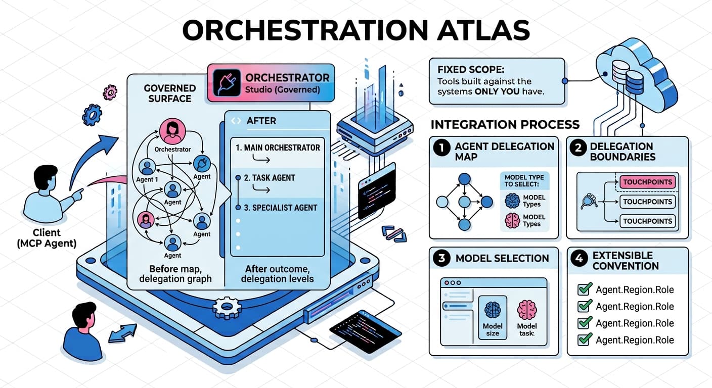 Orchestration Atlas engagement diagram: agent delegation map, boundaries, model selection, and a naming convention