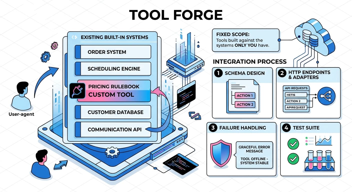 Tool Forge engagement diagram: schema design, HTTP endpoints and adapters, failure handling, and a test suite