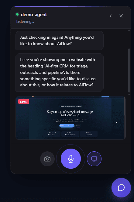 The chat widget in voice mode with screen sharing active, the agent describing the shared page