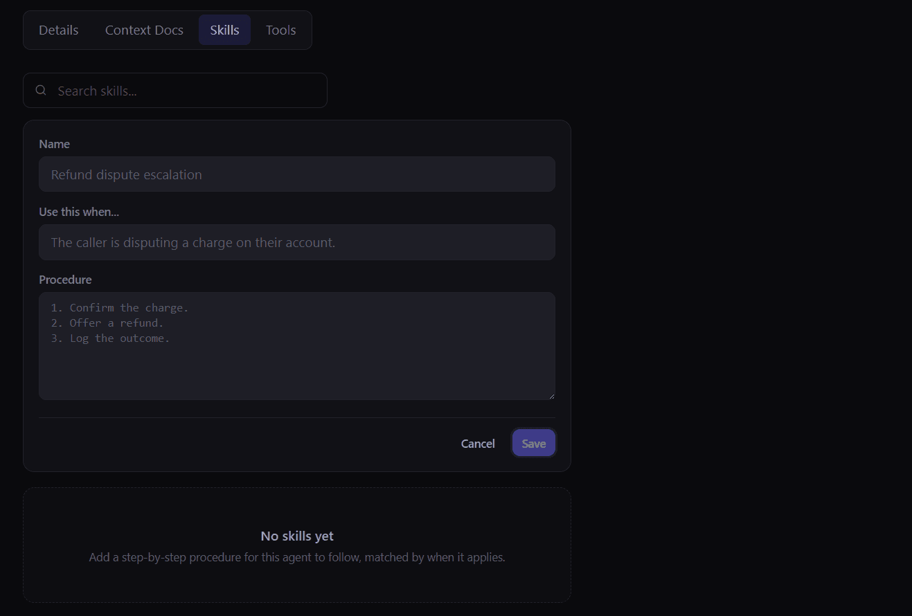 The skills tab listing admin-written procedures, each with the description that decides when it is used