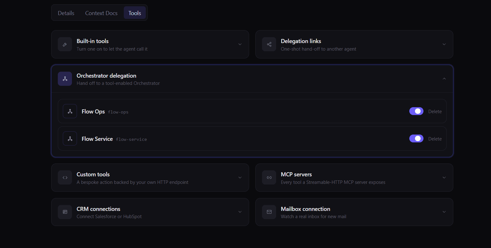 The tools tab showing built-in tools alongside custom tools, MCP servers, and delegation links