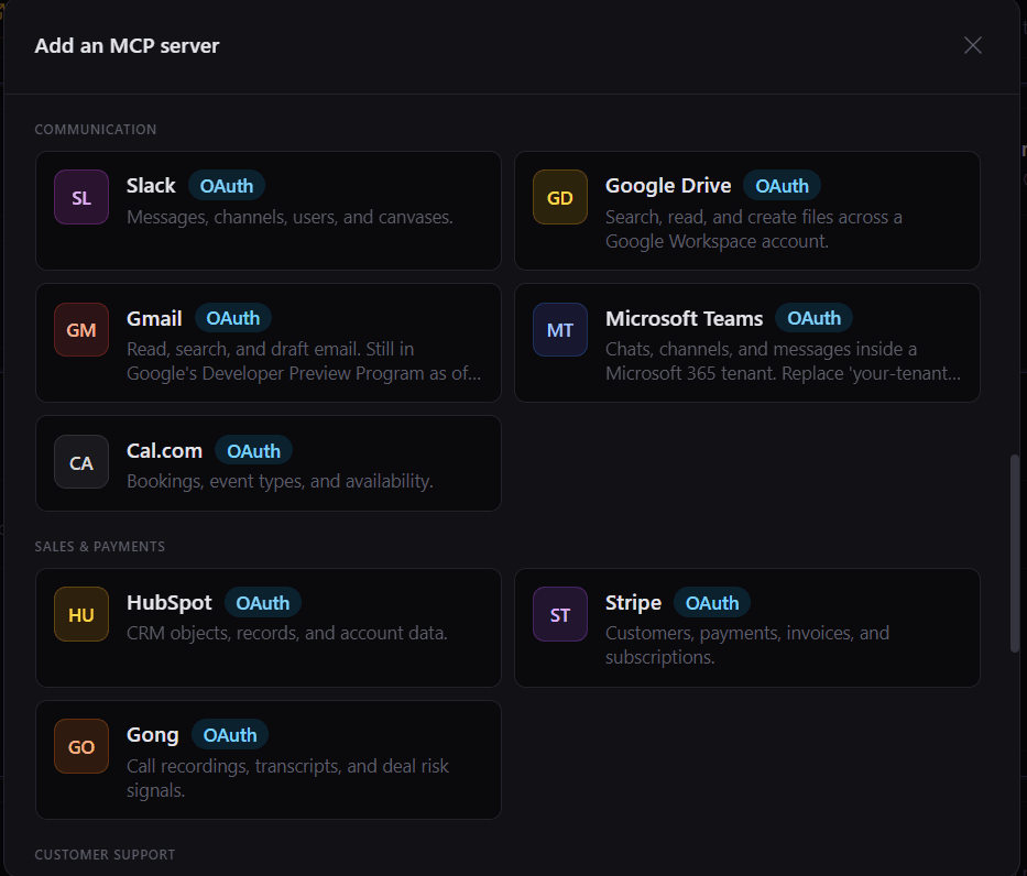 The MCP server catalog, a searchable gallery of vendor-hosted servers grouped by category