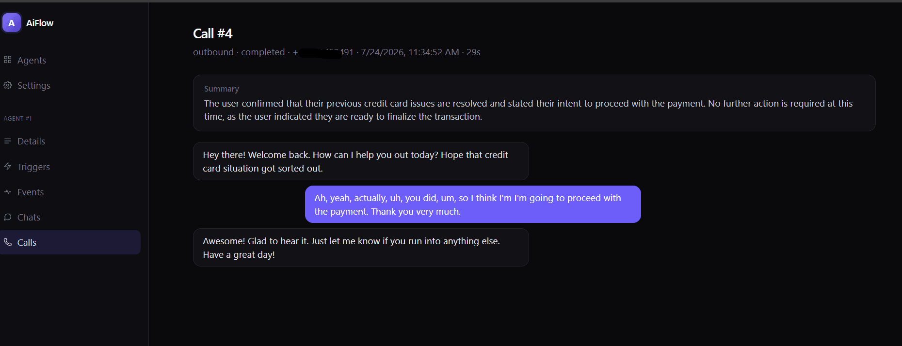 A completed call showing its AI-written summary above the full turn by turn transcript