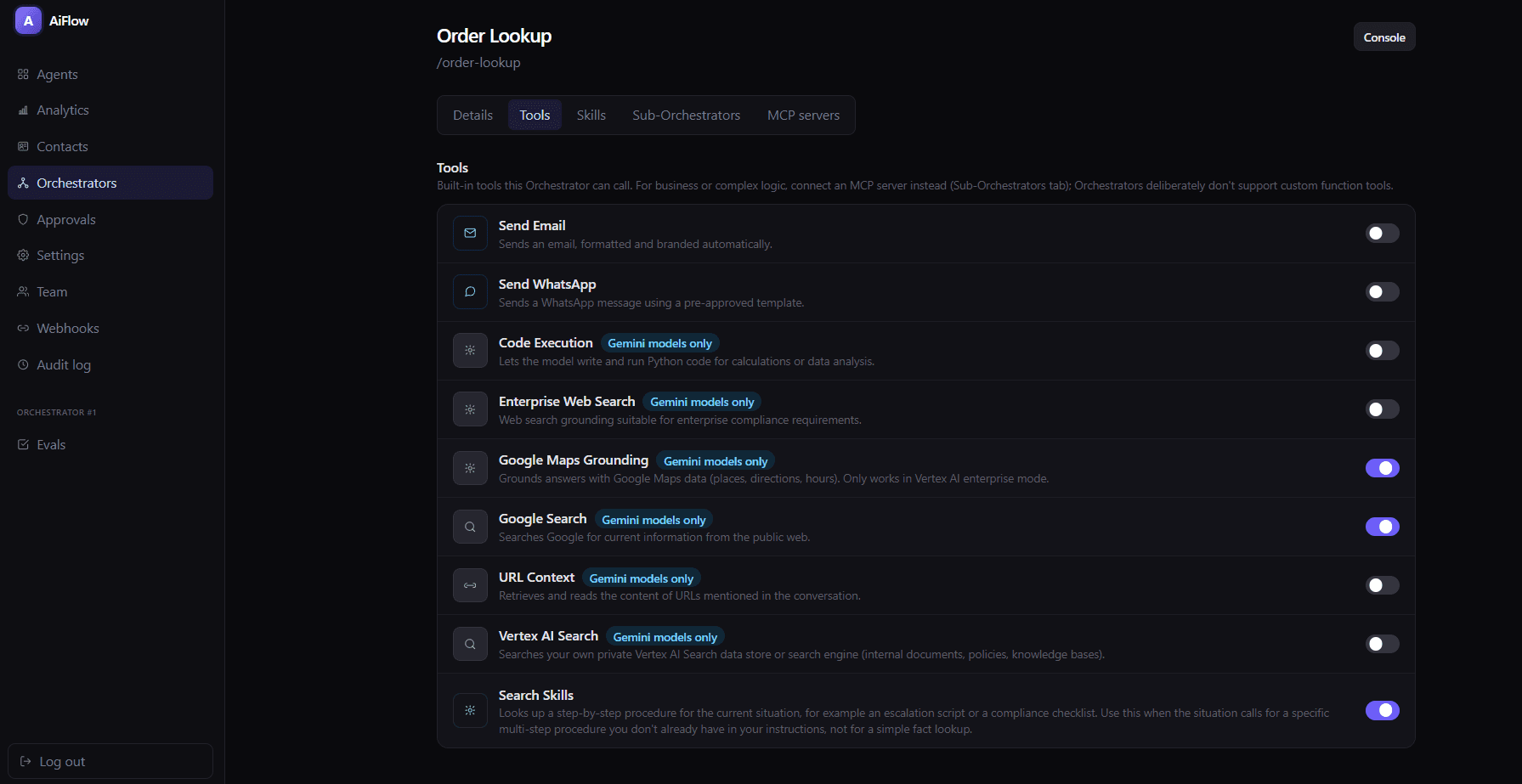 Orchestrator tools with Google grounding options, several badged as Gemini only